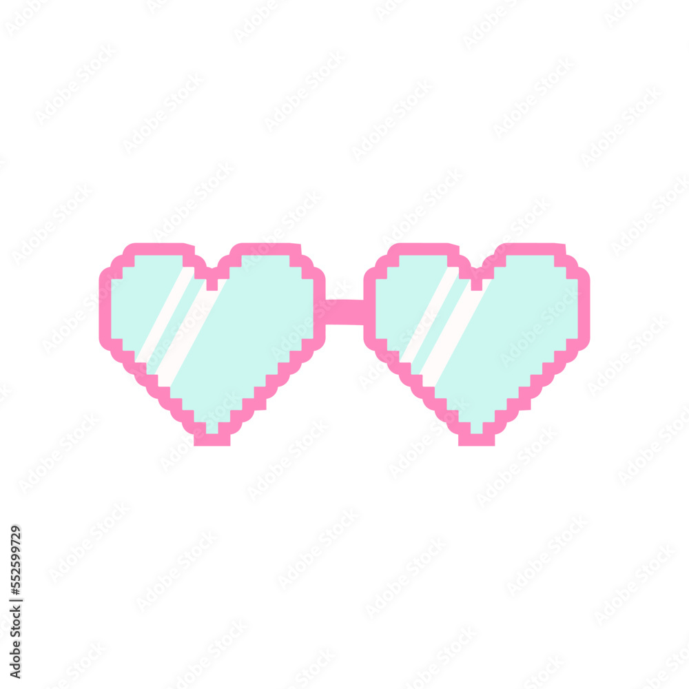 Cute pixeled glasses heart shape.Vector illustration of y2k, 2000s, 1990s, 1980s graphic design. Comic element for sticker, poster, graphic tee print, bullet journal cover, card. Bright colors