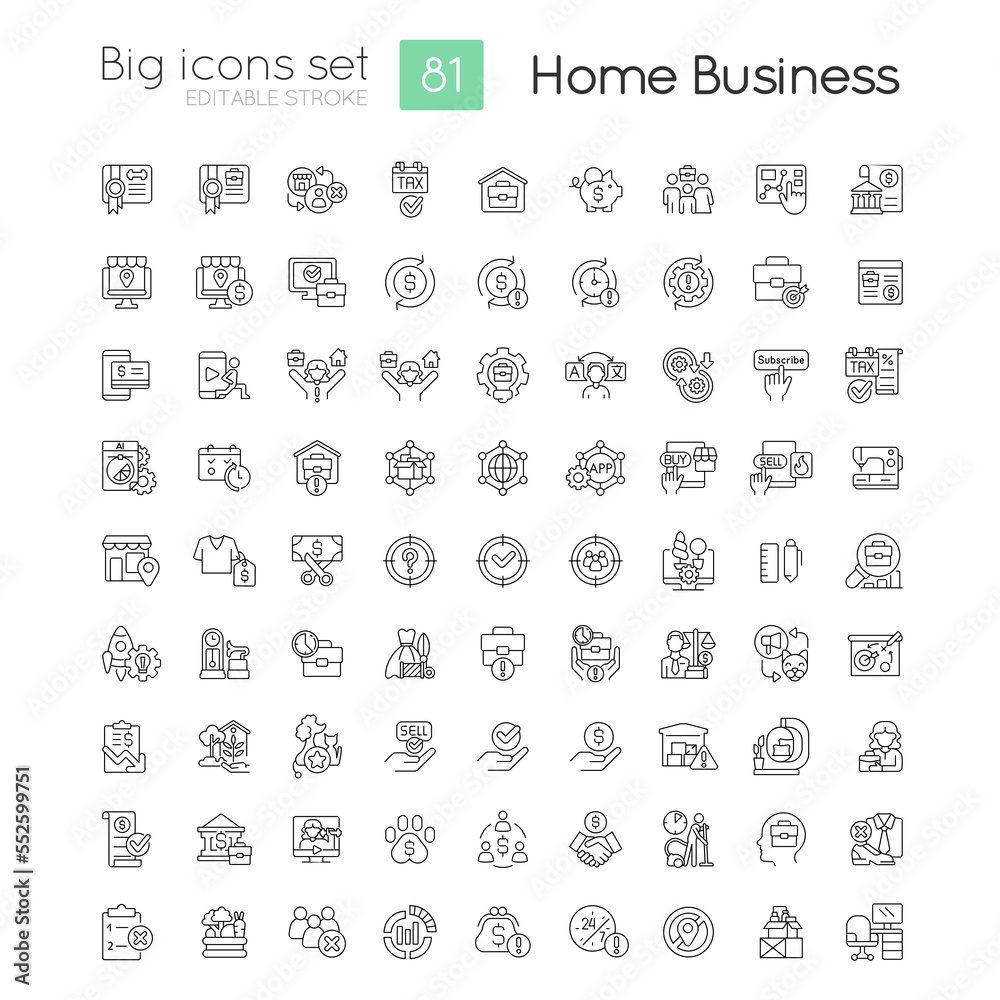 Home business linear big icons set. Self employment. Money earning. Distance work. Customizable thin line symbols. Isolated vector outline illustrations. Editable stroke. Quicksand-Light font used