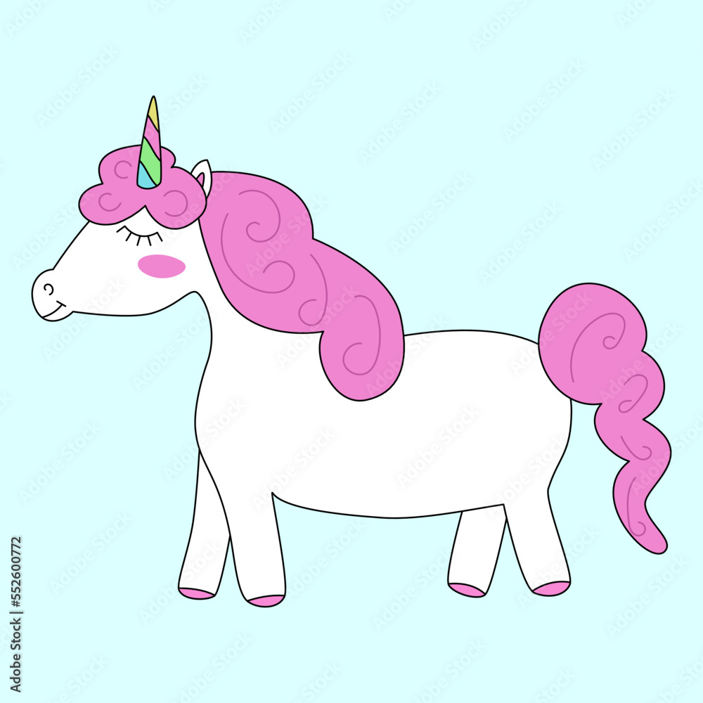 a white unicorn with a colored horn and a pink mane on a blue background