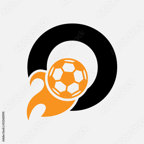 Initial Letter O Football Logo Concept With Moving Football Icon and Fire symbol. Soccer Logotype Vector Template