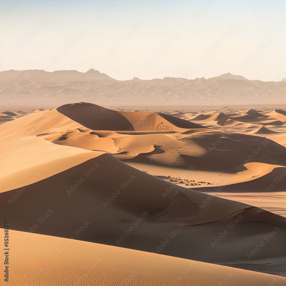 A desert stretching into the horizon with endless sand dunes.	