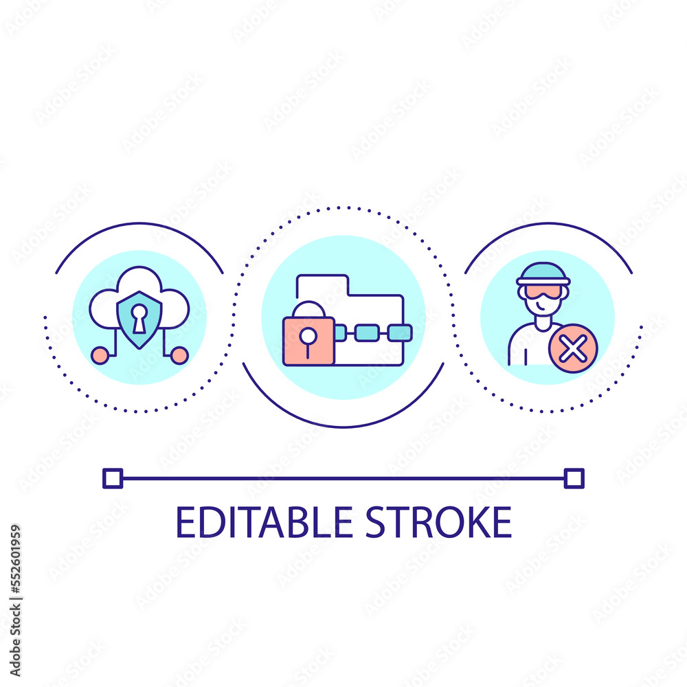 Prevent data breach loop concept icon. Avoid hacking attack. Cloud security. Database safety abstract idea thin line illustration. Isolated outline drawing. Editable stroke. Arial font used Prevent data breach loop concept icon. Avoid hacking attack. Cloud security. Database safety abstract idea thin line illustration. Isolated outline drawing. Editable stroke. Arial font used
