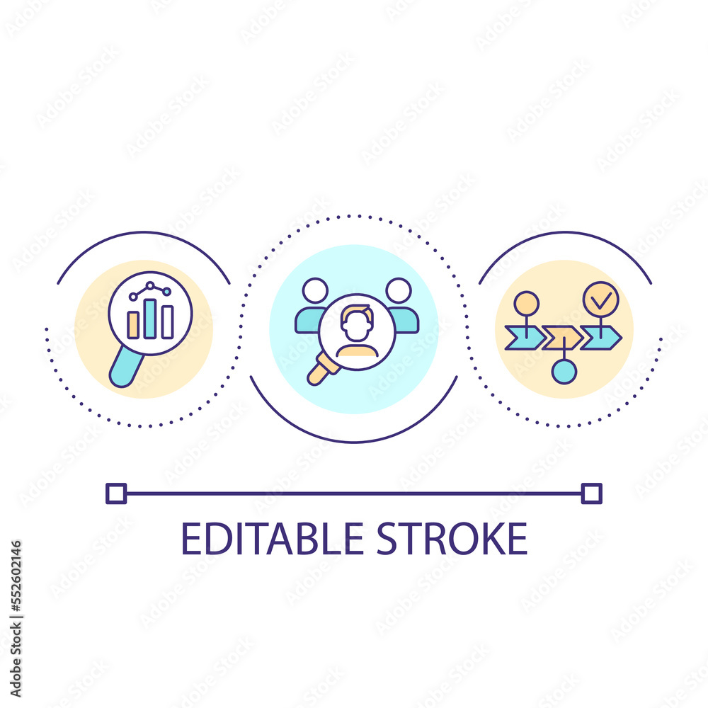 Target audience research loop concept icon. Analyzing statistical data. Digital marketing abstract idea thin line illustration. Isolated outline drawing. Editable stroke. Arial font used