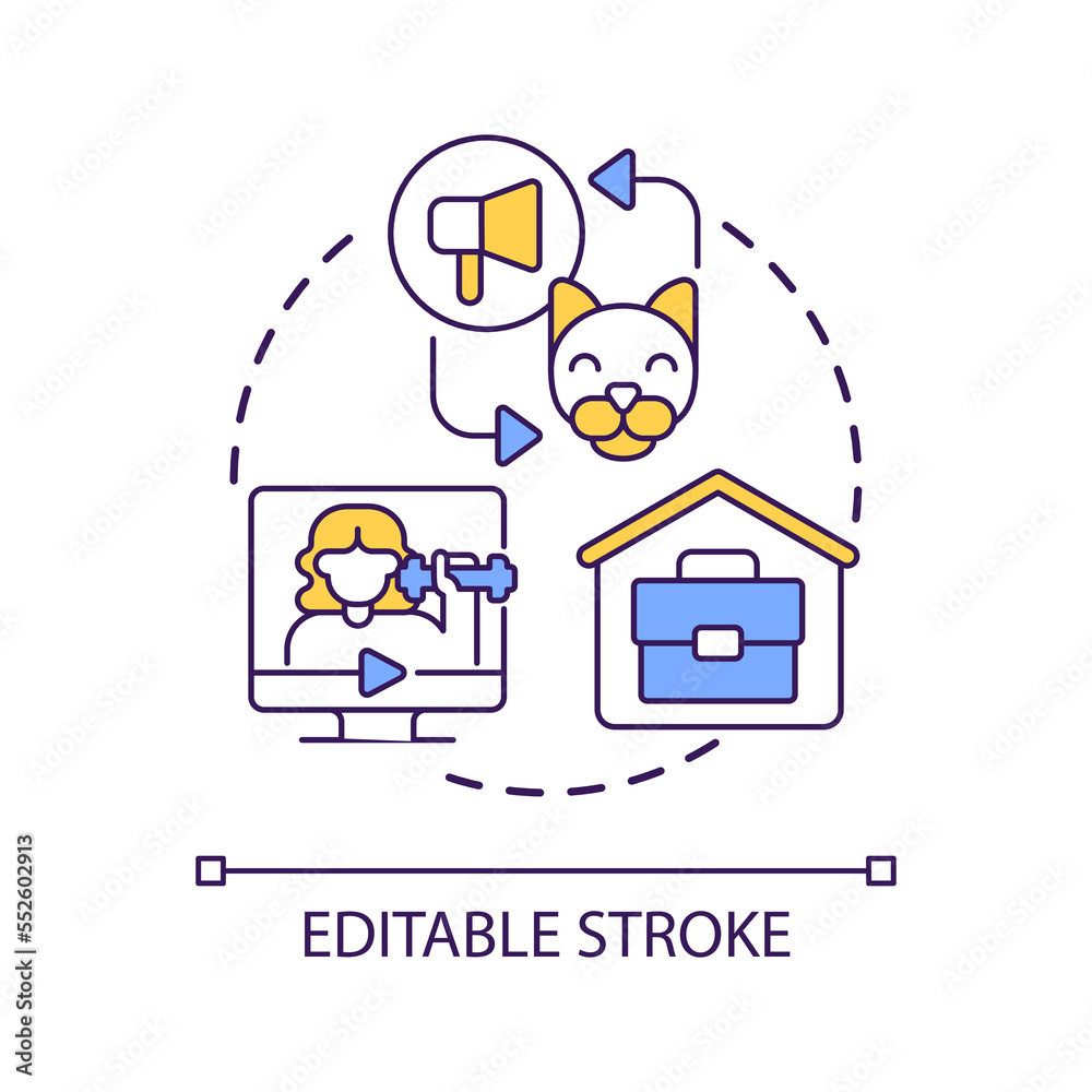 Home based work concept icon. Social media monetization. Digital opportunities. Online business abstract idea thin line illustration. Isolated outline drawing. Editable stroke. Arial font used Home based work concept icon. Social media monetization. Digital opportunities. Online business abstract idea thin line illustration. Isolated outline drawing. Editable stroke. Arial font used