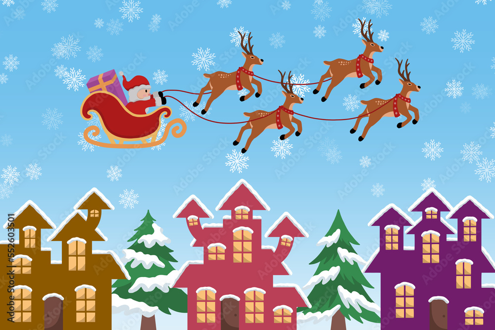 Christmas Background with Santa Claus Ride Reindeer Sleigh