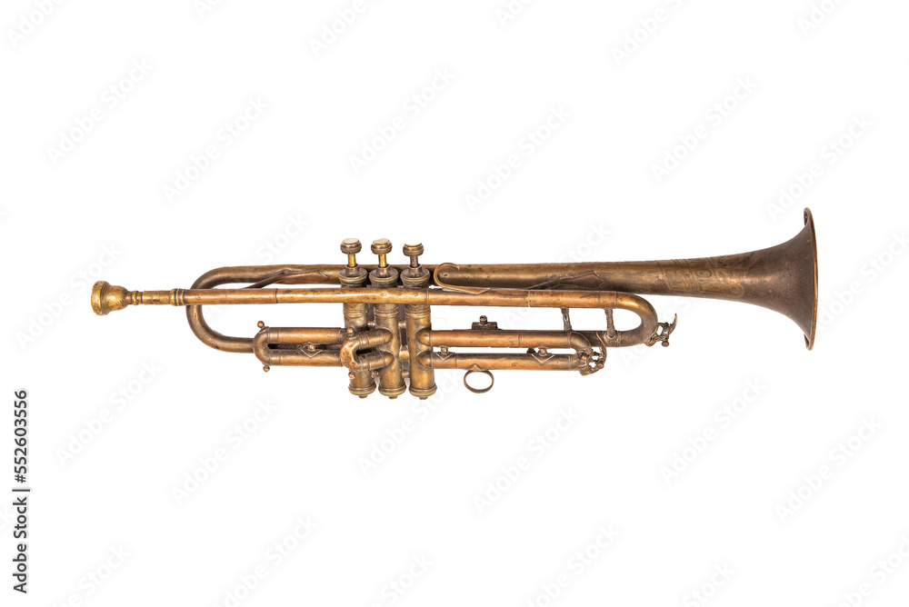 Vintage golden color trumpet isolated on no background png - obrazy, fototapety, plakaty 