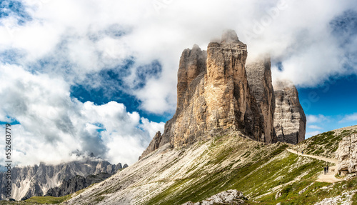 Beautiful Morning at Tre Cime di Lavaredo Mountains with blue sky  Dolomites Alps  Italy