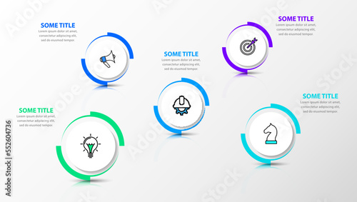 Infographic template. 5 standing gears with icons in space