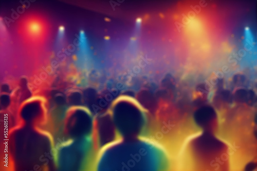 Blurred background revelry shindig. Night party with people are having fun in the colored lights