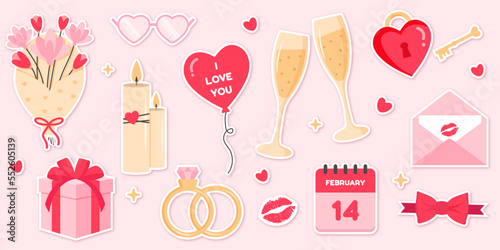 Set of cute vector love stickers for daily planner and diary. Collection of scrapbooking design elements for valentines day or womens day, heart, holiday gift. Romantic flat vector icons pack.