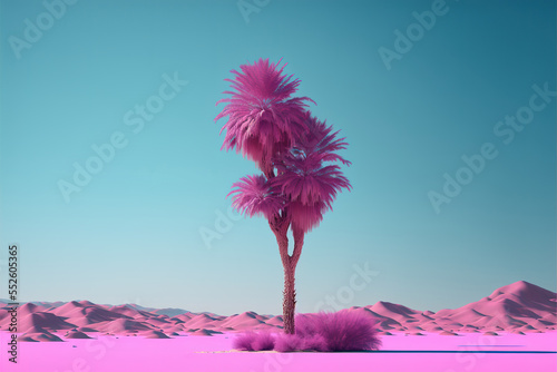Magenta palm tree amidst desert. Creative minimalistic surreal background. AI photo