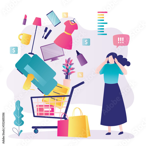 Shopping addiction. Shopaholic woman buys lot of unnecessary things in supermarket or online. Shopaholism concept, culture of excess consumption.
