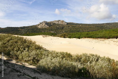La plage naturelle et sauvage de Bolonia  situ  e    une vingtaine de kilom  tres au nord de Tarifa en Andalousie en Espagne  a une grande dune de sable blanc de 30 m  tres de haut et 200 m  tres de large