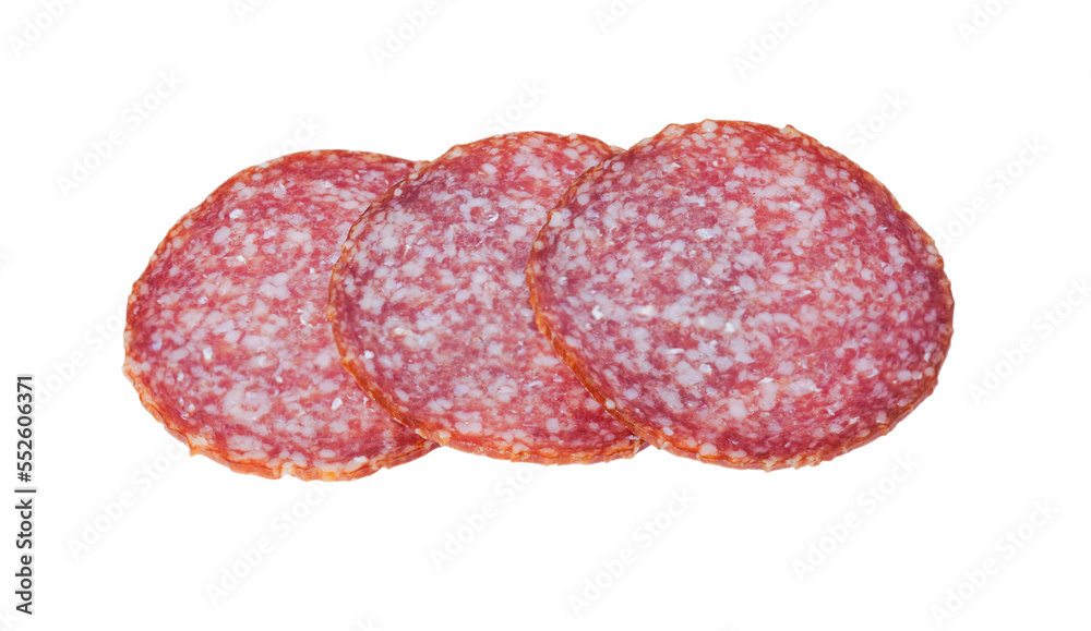 Sliced salami isolated on white background with transparent PNG. Sausage top view. Sliced salami isolated on white background with transparent PNG. Sausage top view.