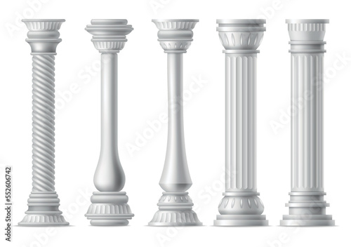 Antique columns, realistic icon set. Classic stone pillars of roman or greece architecture with twisted and groove ornament for facade design