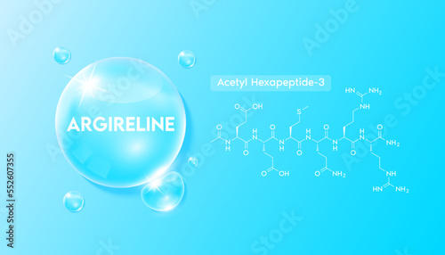 Argireline (Acetyl hexapeptide-3)  and structure. Moisturizer collagen solution in the shape blue drop water. Beauty treatment nutrition skincare design. Medical concepts. 3D Realistic Vector.