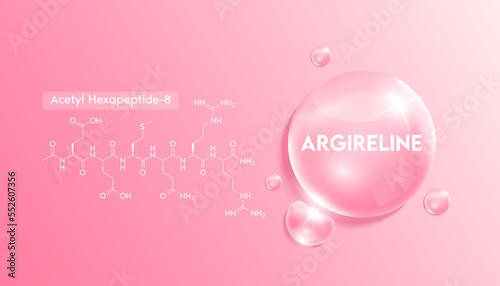 Argireline (Acetyl hexapeptide-3) and structure. Moisturizer collagen solution in the shape pink drop water. Beauty treatment nutrition skincare design. Medical concepts. 3D Realistic Vector. photo