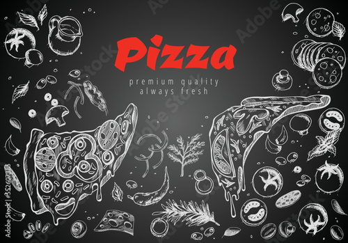Hand drawn pizza line banner. Engraved style chalk doodle background. Savoury pizza ads. Tasty vector banner for cafe, restaurant or food delivery service