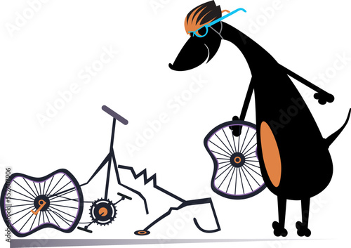 Cycling cartoon dog illustration. 
Cyclist dog stays near a broken bicycle. Isolated on white background
