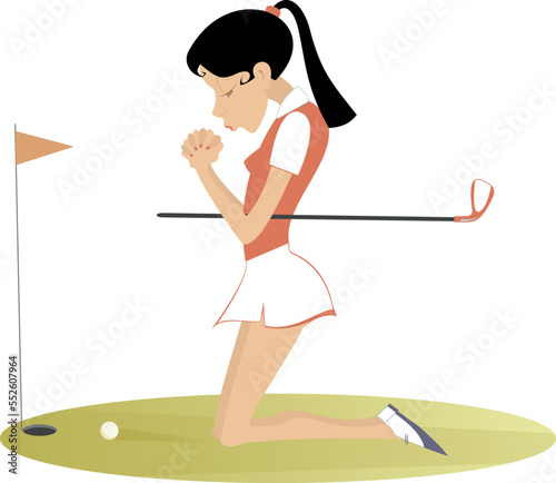 Young golfer woman on the golf course. 
Young golfer woman kneeling and praying for good shot
