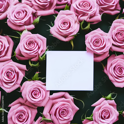 White pink roses with card  valentines day card  romantic card with pink roses  generative AI  illustration