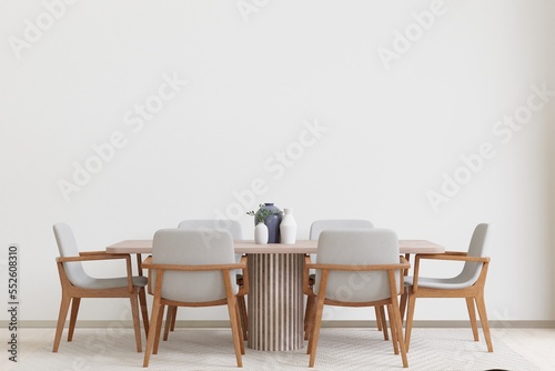 Dining room and kitchen wooden floor copy space on white background  front view 3D rendering.