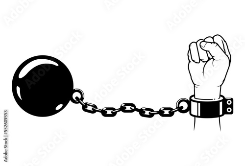 Shackles, hand with chain and weight metal ball, prisoner fetter on wrist, slavery, encumbrance or debt concept , vector