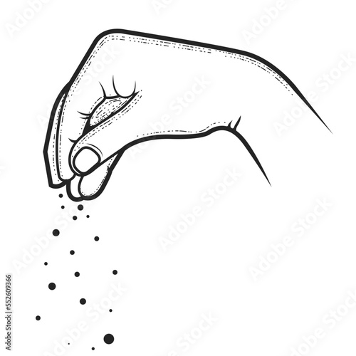 Hand of chief-cook powdering a dish with condiment, pinch of salt, spice or seasoning, pinched fingers, vector