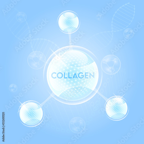 Collagen skin serum and Vitamin solution complex. Molecule inside liquid bubble on water. Beauty treatment cosmetics skincare. Medical and scientific concepts. 3D Realistic Vector.