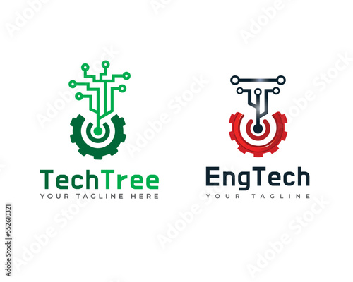 Technology tree logo design modern minimal vector template, tech trees gear engineering logos
