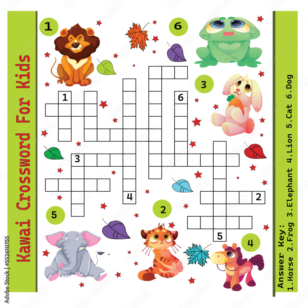 Naklejka premium Crossword game for kids, find the fruits name, puzzle game in Vector for Children Activity Book page. New style layout of Crossword game page for kids.