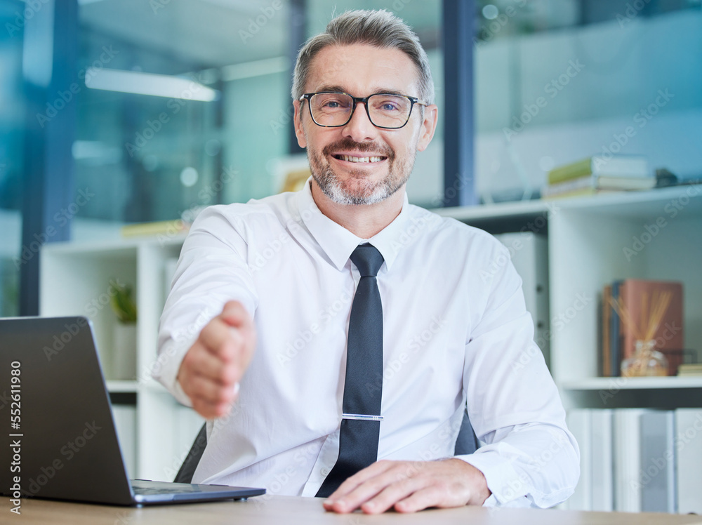 Businessman, handshake and portrait smile for welcome, greeting or introduction at office. Happy senior employee accountant with laptop and hand gesture for shaking hands, deal or agreement Businessman, handshake and portrait smile for welcome, greeting or introduction at office. Happy senior employee accountant with laptop and hand gesture for shaking hands, deal or agreement