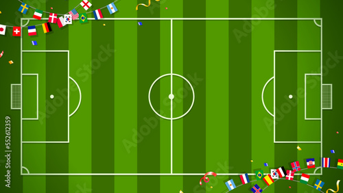 Top view of soccer field background with flags garland of different countries vector illustration. Football pitch