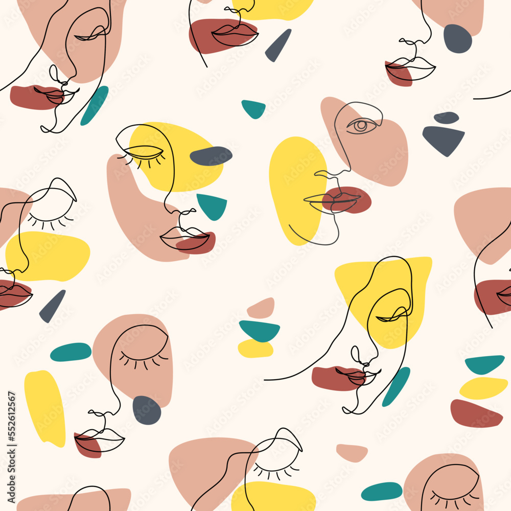 Seamless pattern female black linear portrait, continuous line drawing, colorful spots. minimalist contours of female faces, pastel colors background. Modern fashion vector print. Surreal Minimalistic Seamless pattern female black linear portrait, continuous line drawing, colorful spots. minimalist contours of female faces, pastel colors background. Modern fashion vector print. Surreal Minimalistic