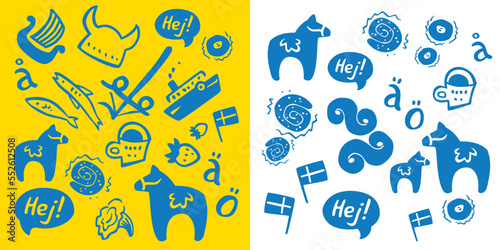 Vector Illustration with Symbols of Sweden on white background and yellow background with blue. Swedish culture, Vikings, Fika and Midsummer