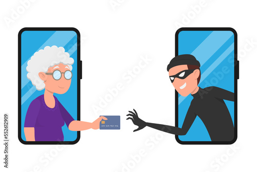 Internet fraud, data hacking, cybercrime. A woman on a phone screen and a scammer stealing a bank card. Vector, flat style.