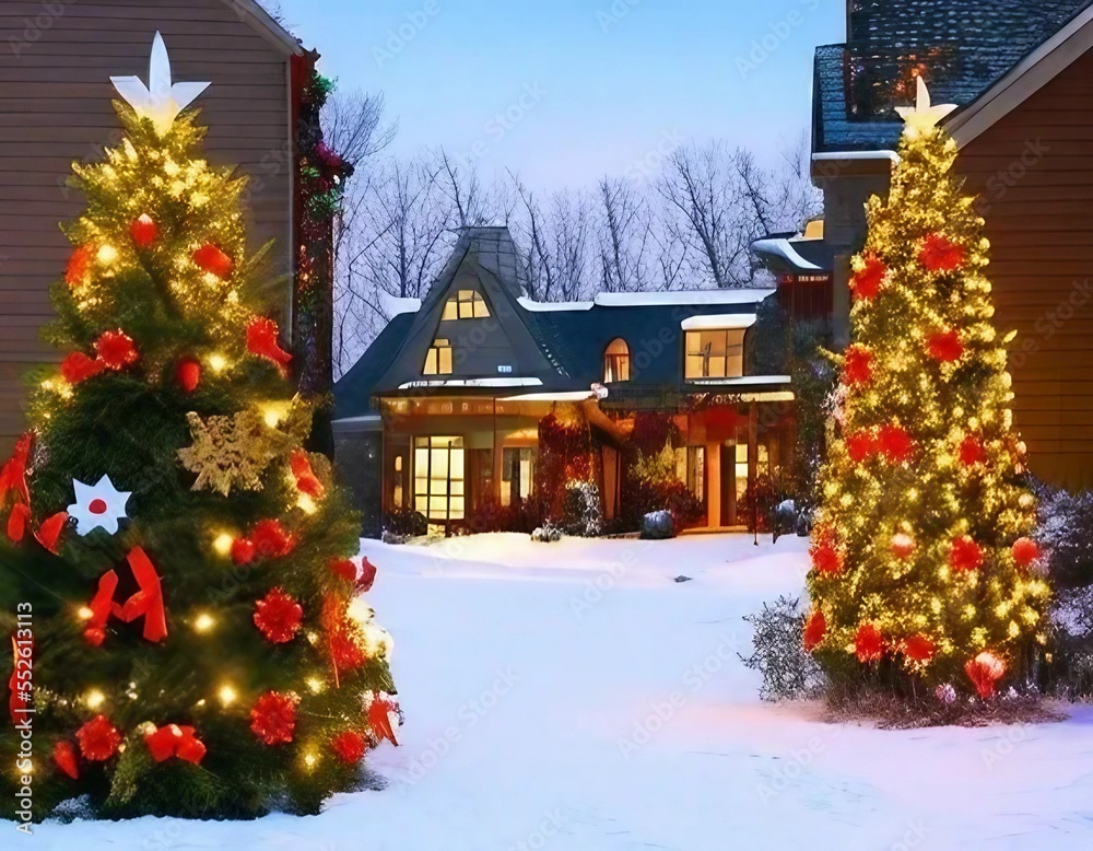 Outdoor Christmas holiday scene in suburban neighborhood - generative ai design