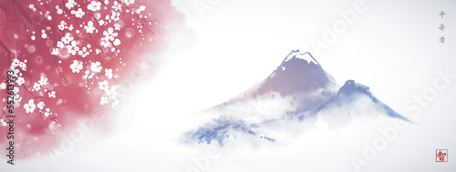 Landscape with blooming pink sakura tree and far blue mountains. Traditional oriental ink painting sumi-e, u-sin, go-hua. Hieroglyphs - peace, tranquility, clarity.