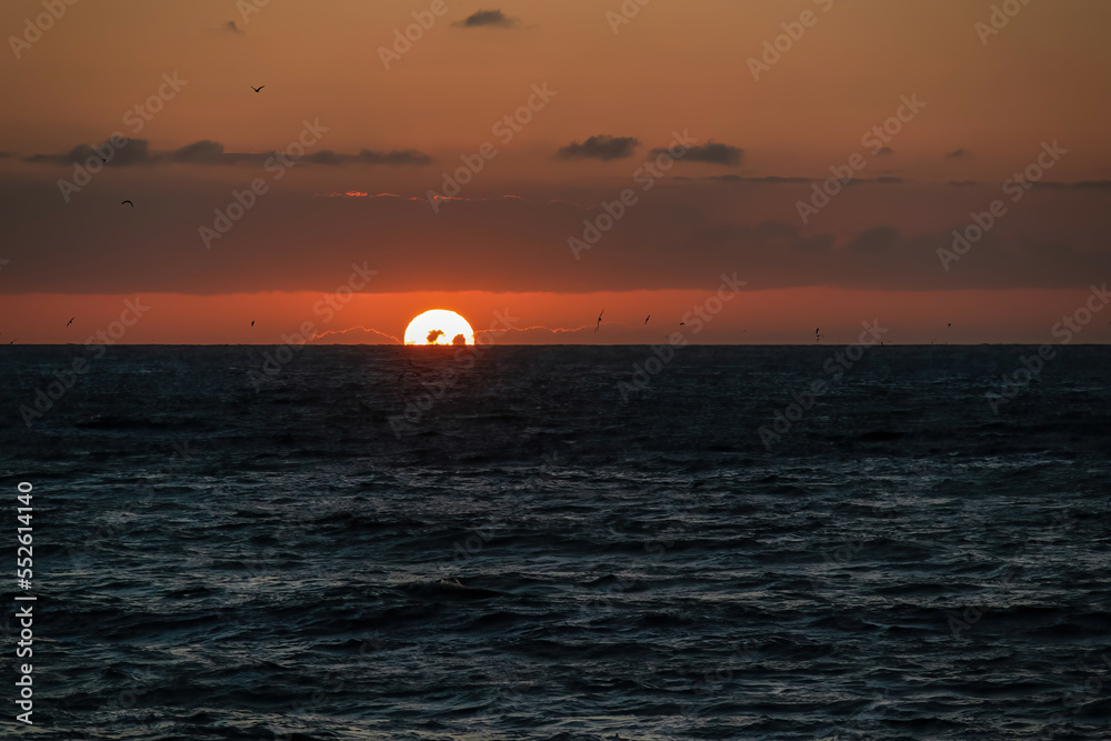 Scenic view during sunset from beach Playa del Ingles in Valle Gran Rey, La Gomera, Canary Islands, Spain, Europe. Clouds emerging, turning orange red. Sun is going down behind horizon. Bird freedom