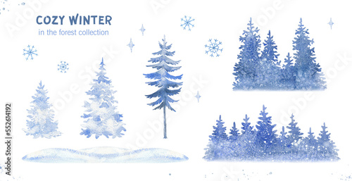 Watercolor hand-painted pine trees in blue tones. Silhouettes of winter trees. Christmas design, cold winter, snow drifts, snowflakes.