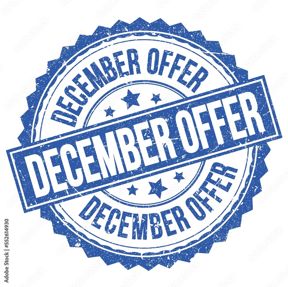 DECEMBER OFFER text on blue round stamp sign DECEMBER OFFER text on blue round stamp sign