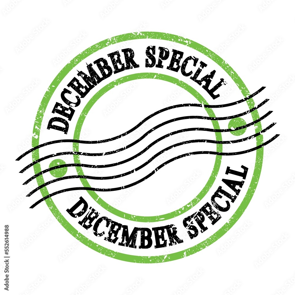 DECEMBER SPECIAL, text on green-black grungy postal stamp. DECEMBER SPECIAL, text on green-black grungy postal stamp.