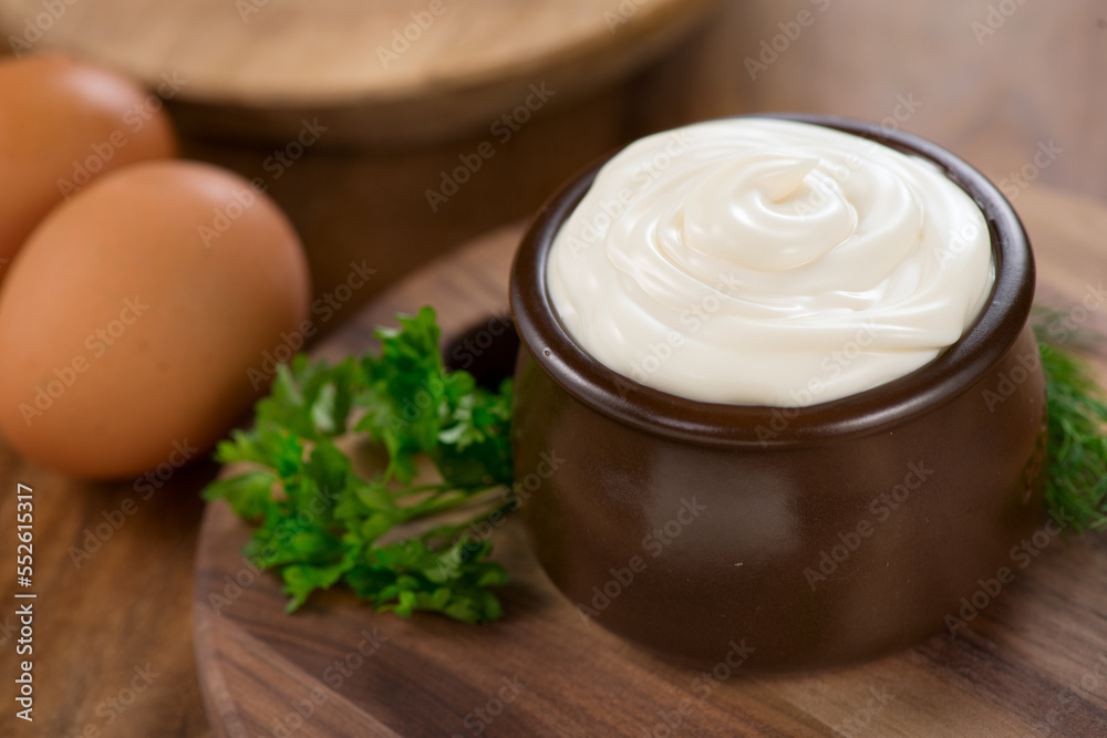 Mayonnaise. Homemade healthy mayonnaise sauce, soft cream. Healthy food ingredients. Mayonnaise. Homemade healthy mayonnaise sauce, soft cream. Healthy food ingredients.