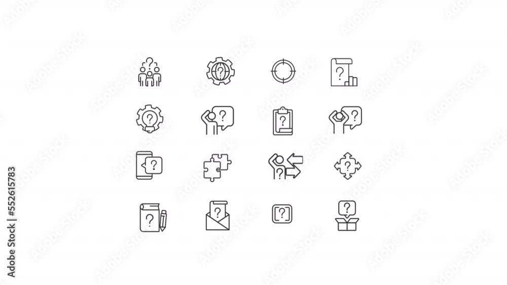 Animated question linear icons. Communication process. Decision making. Solve problems. Seamless loop HD video with alpha channel on transparent background. Outline motion graphic animation set
