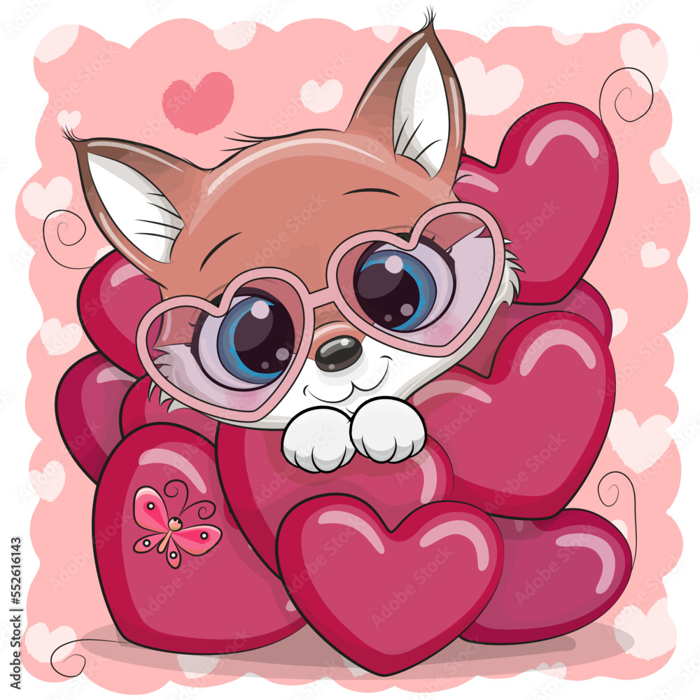 Cute Cartoon Fox in hearts
