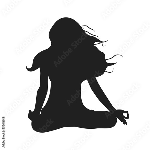 Silhouette of a girl in the lotus position is engaged in yoga. Black silhouette. Sports, health, meditation. Character.