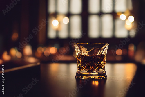 A glass of whiskey in an elegant bar. Enjoy the dim lights at night time.