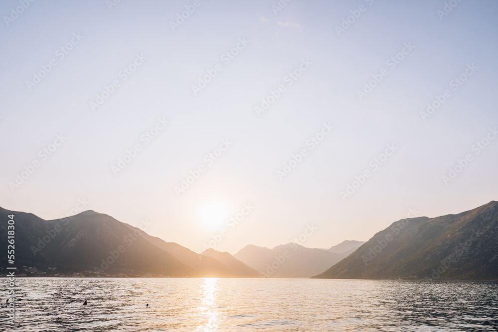 sunset landscape from ship on Kotor Bay, Montenegro