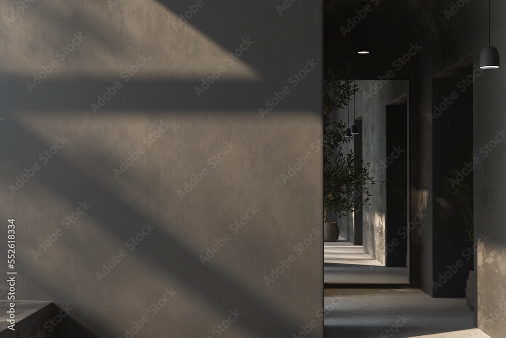 shadow from glass window on the wall, concrete gray, mock up. 3d rendering