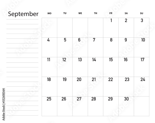 Organizer, planner for the month of September 2023, vector.